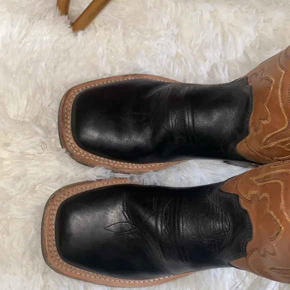 Old West  Boots Black  brown Leather Square Toe Youth Size 4.5 D Style  BSY1810