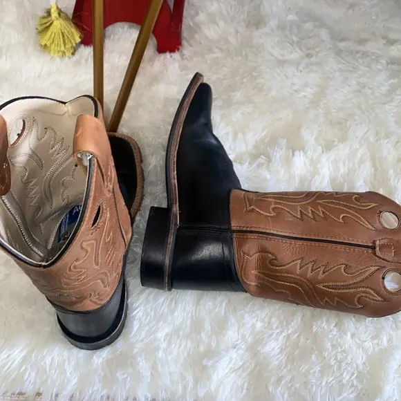 Old West  Boots Black  brown Leather Square Toe Youth Size 4.5 D Style  BSY1810