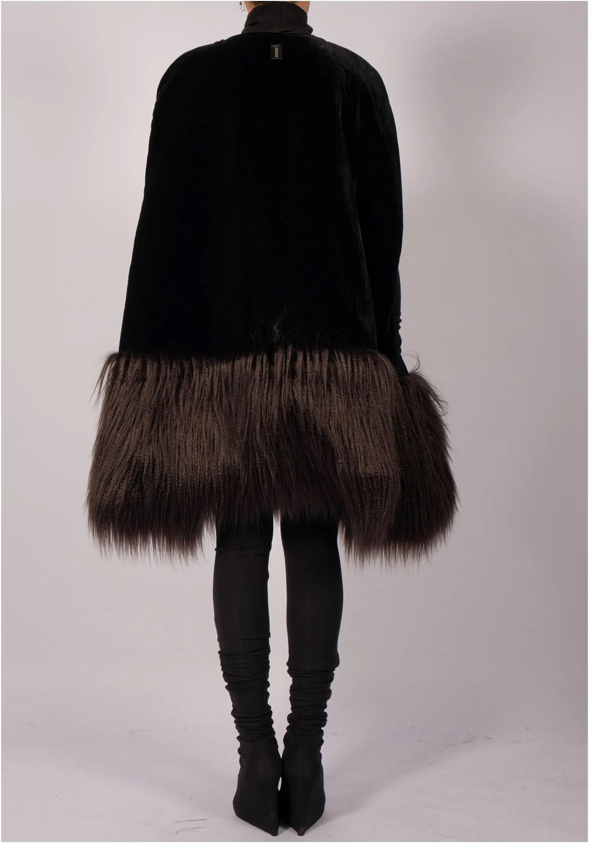 Padded Velvet Cape with Faux Fur