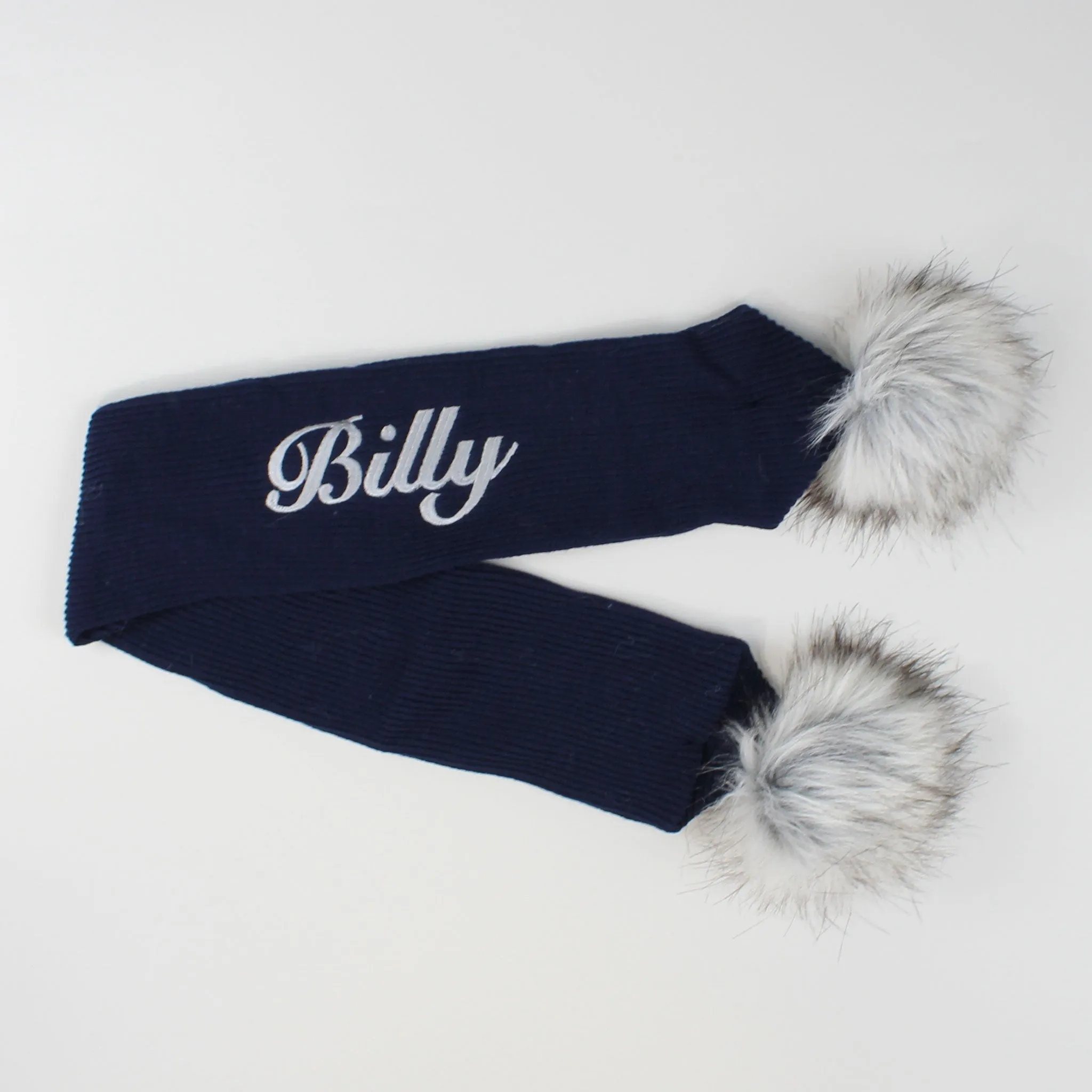 Personalised Baby Scarf Navy Blue with Faux Fur pom poms