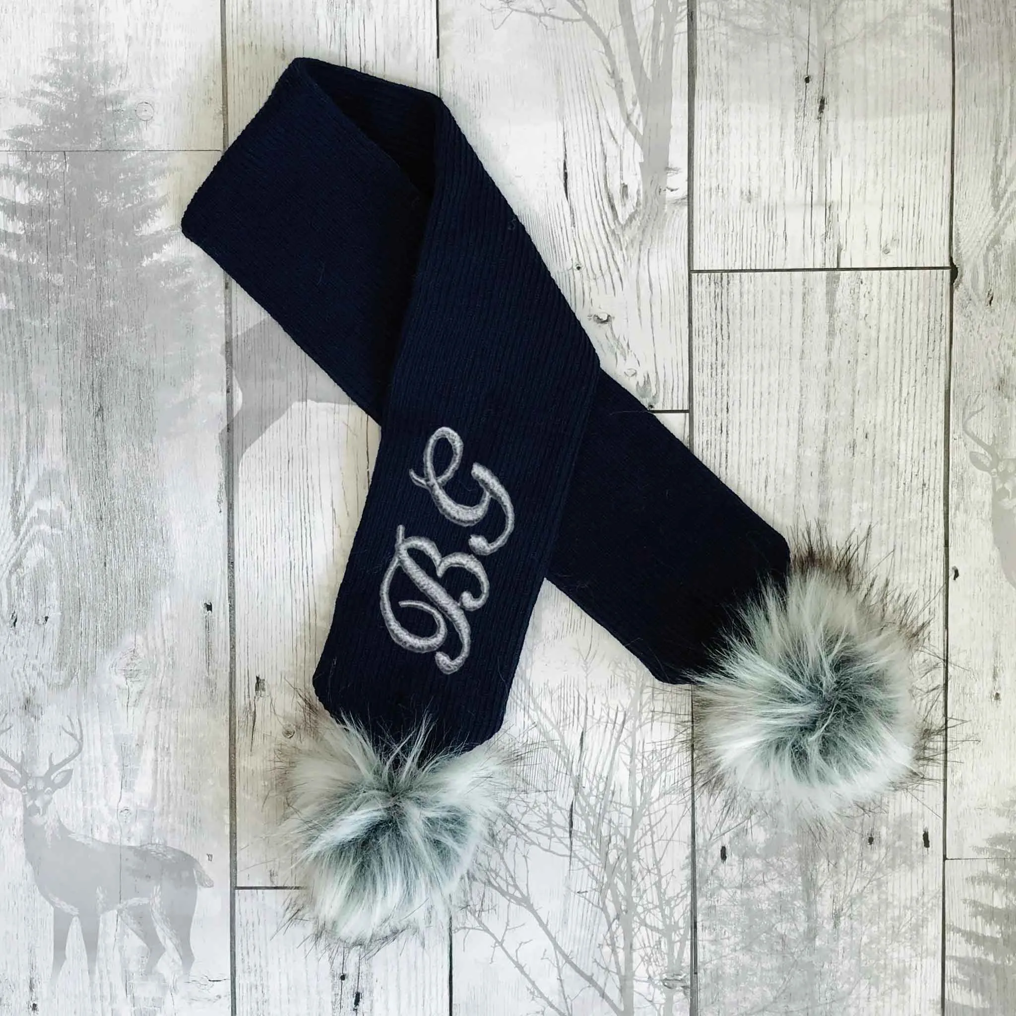 Personalised Baby Scarf Navy Blue with Faux Fur pom poms