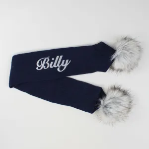 Personalised Baby Scarf Navy Blue with Faux Fur pom poms