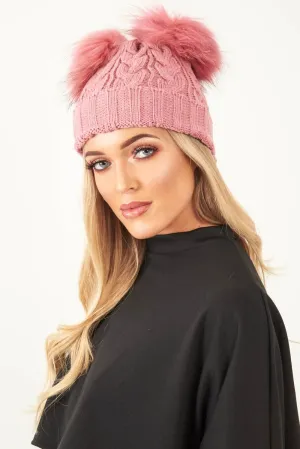 Pink Cable Knit Double Bobble Hat - Cheyann