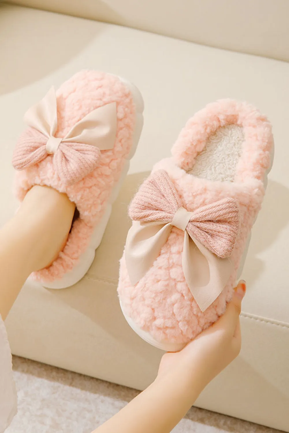 Pink Contrast Bowknot Applique Plush Winter Slippers