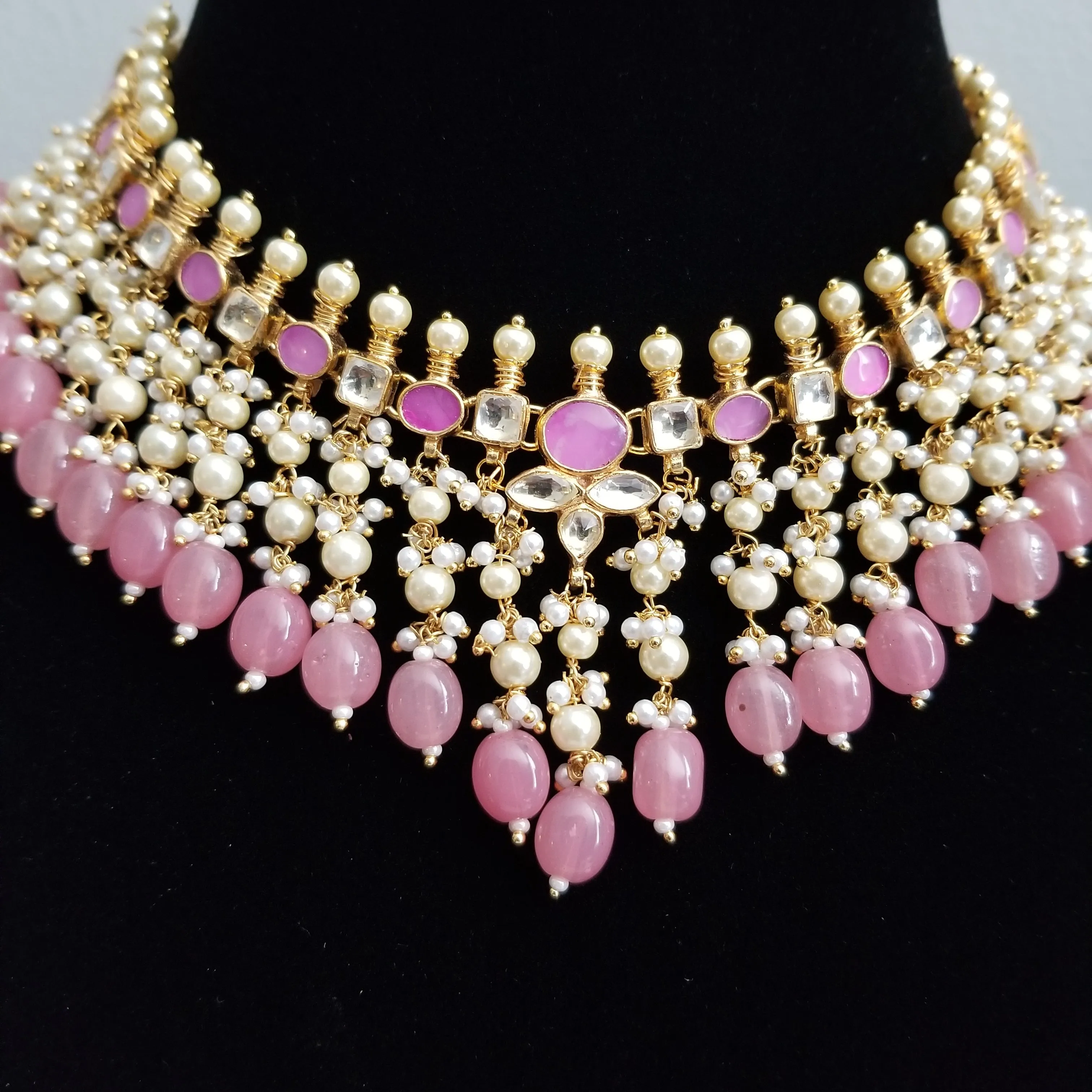 Pink Pearl Tassels Kundan Necklace Set