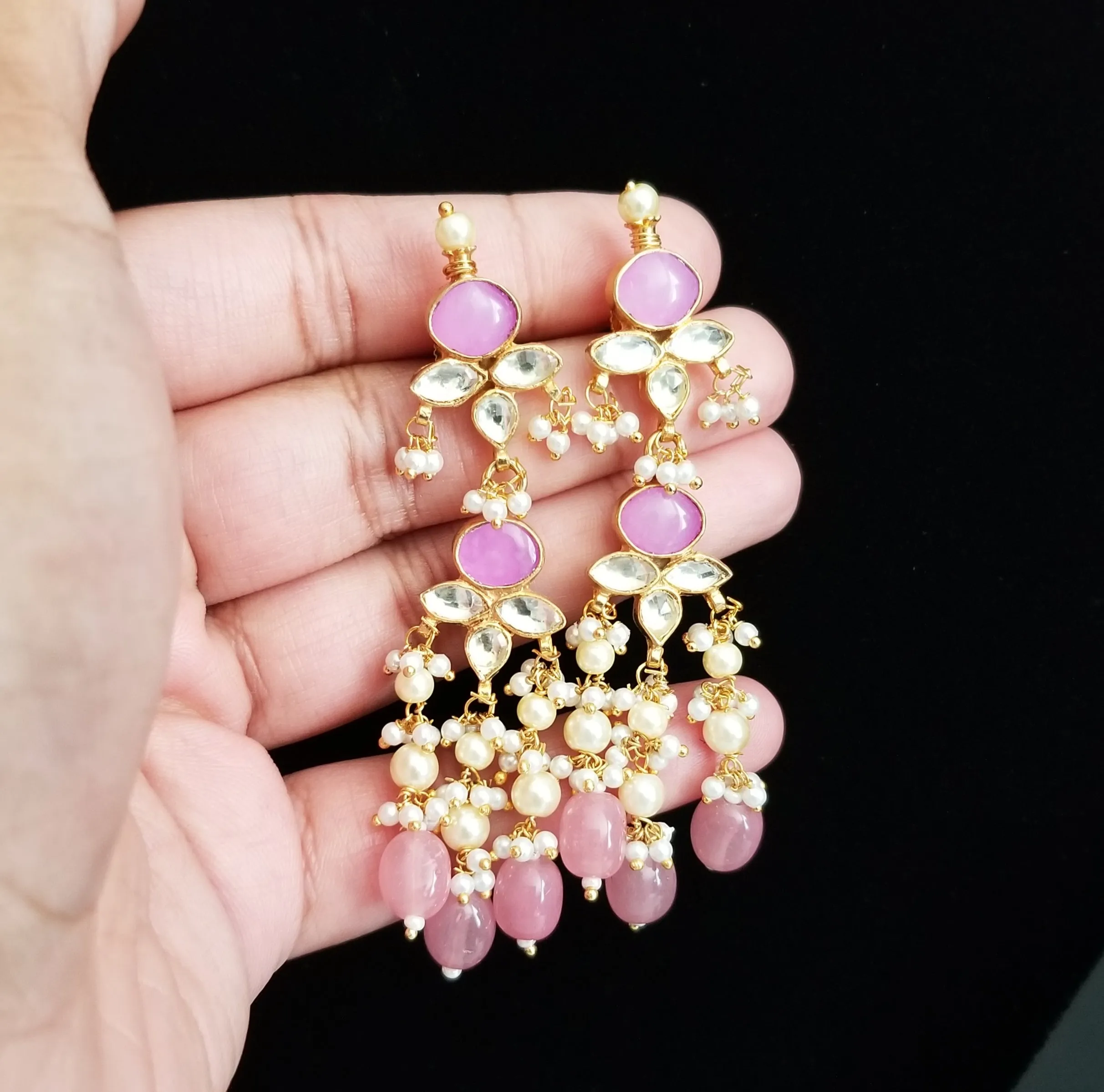 Pink Pearl Tassels Kundan Necklace Set