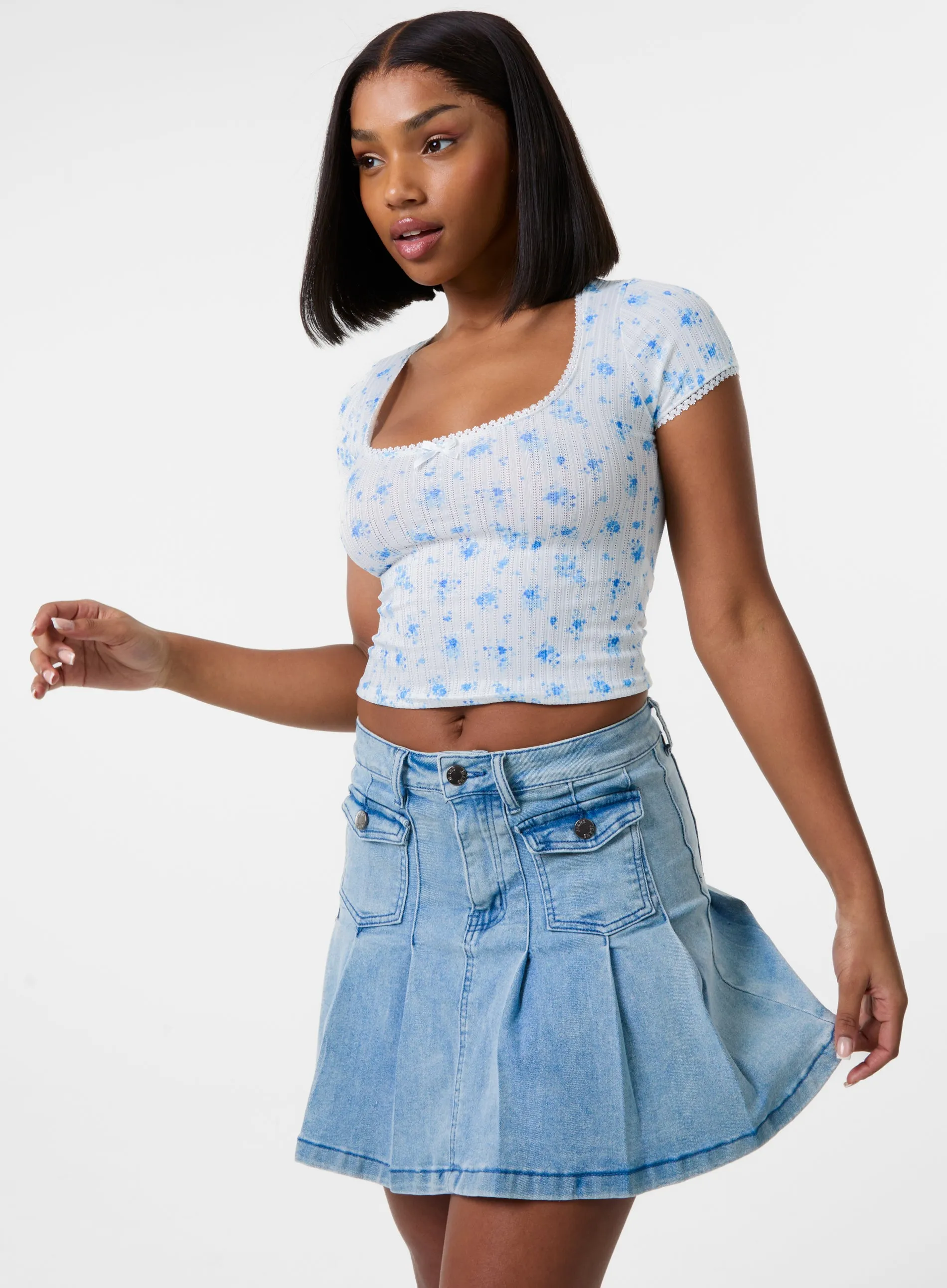 Pointelle Ditsy Print Crop Top