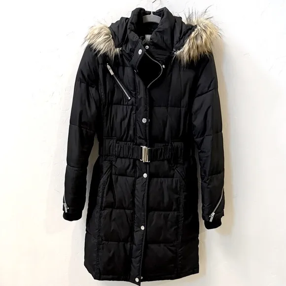 Puffer Jacket (Coat) with detachable fur hood. Size Medium. Black