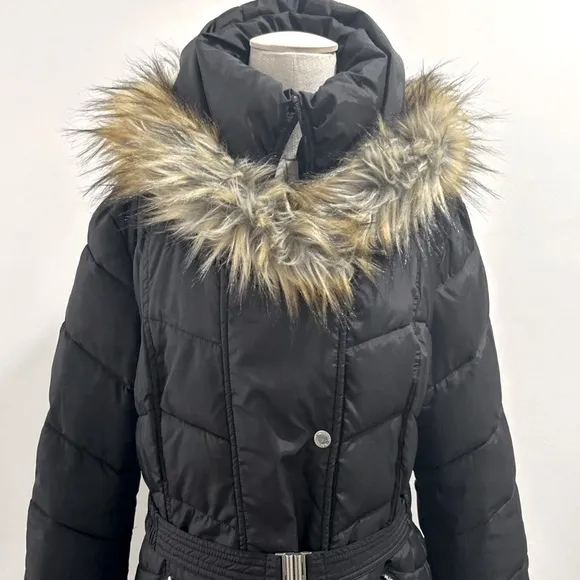 Puffer Jacket (Coat) with detachable fur hood. Size Medium. Black