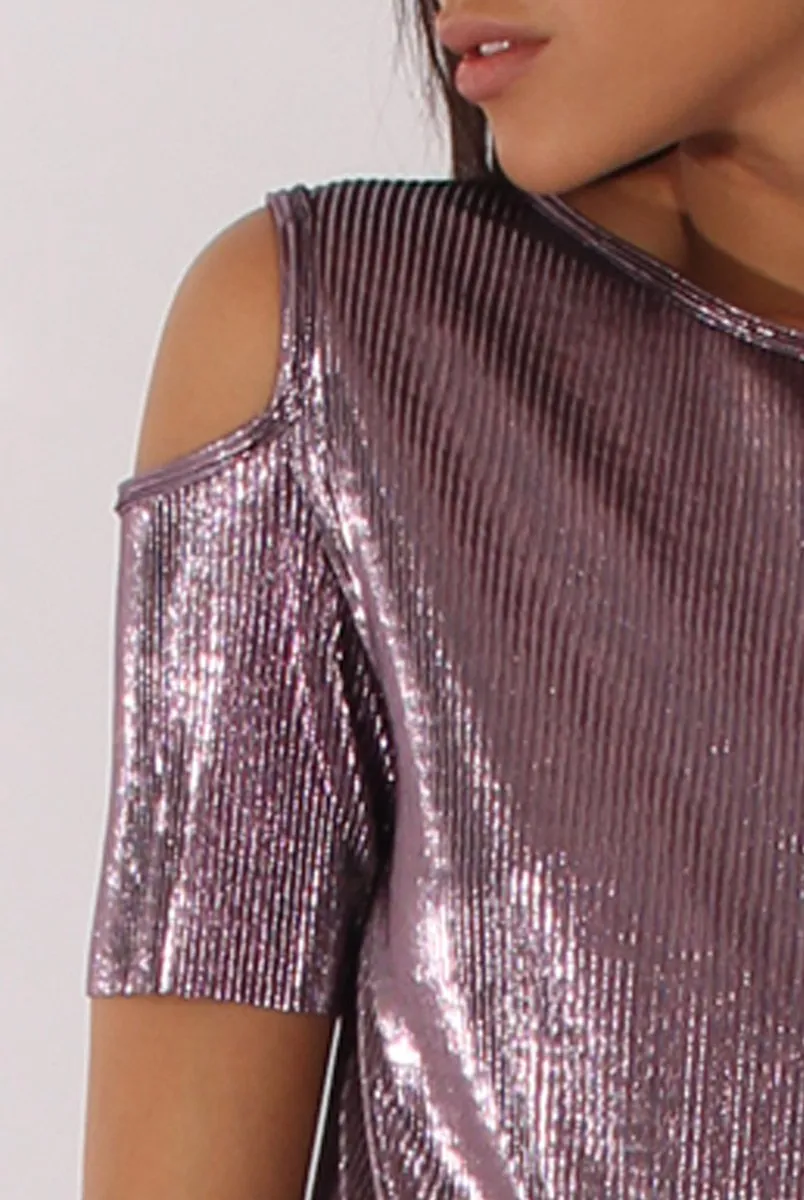 Purple Metallic Pleated Cold Shoulder Top - Elara