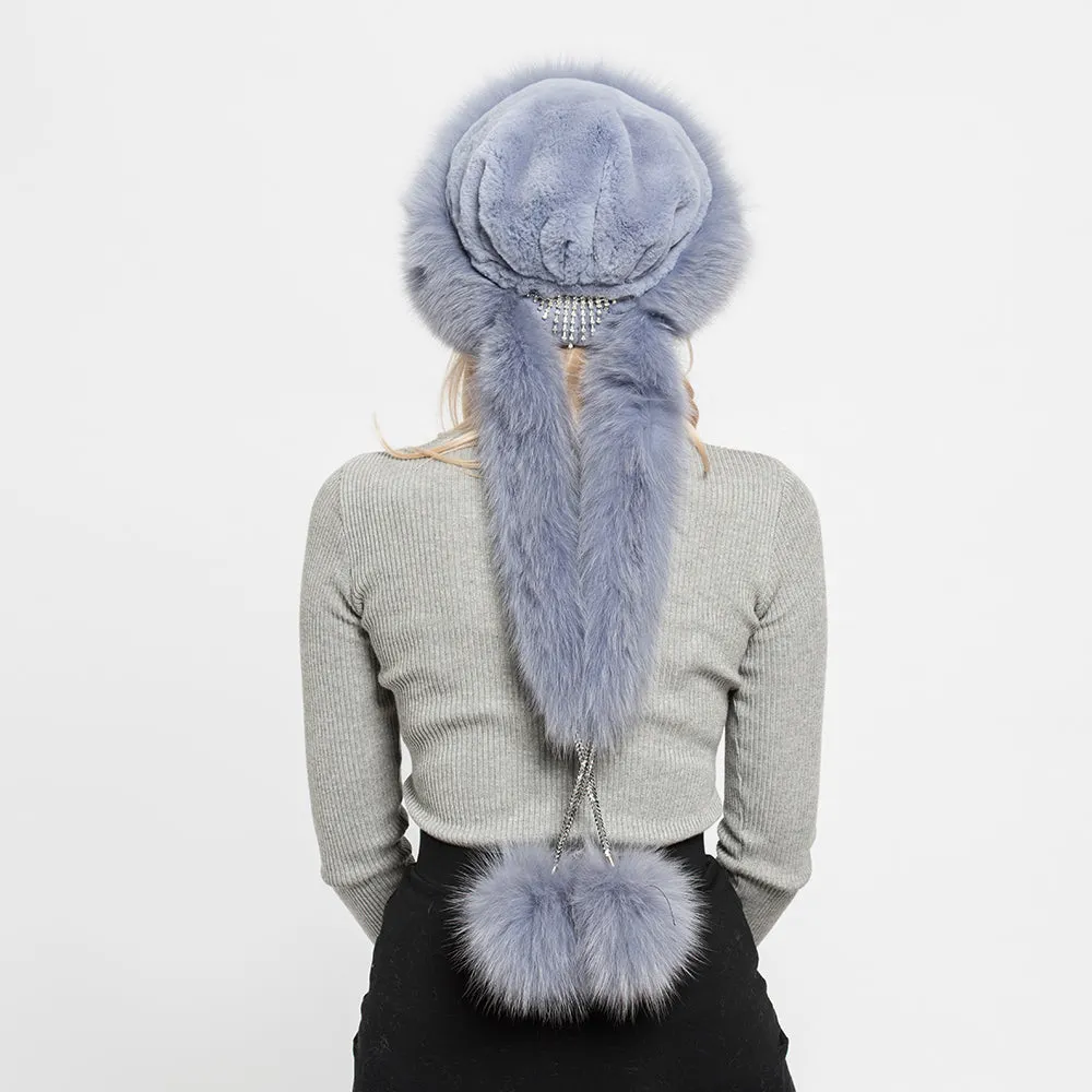 Real Rex Rabbit and Fox Fur Women Hats Pompom Fur Caps Scarf Light Purple