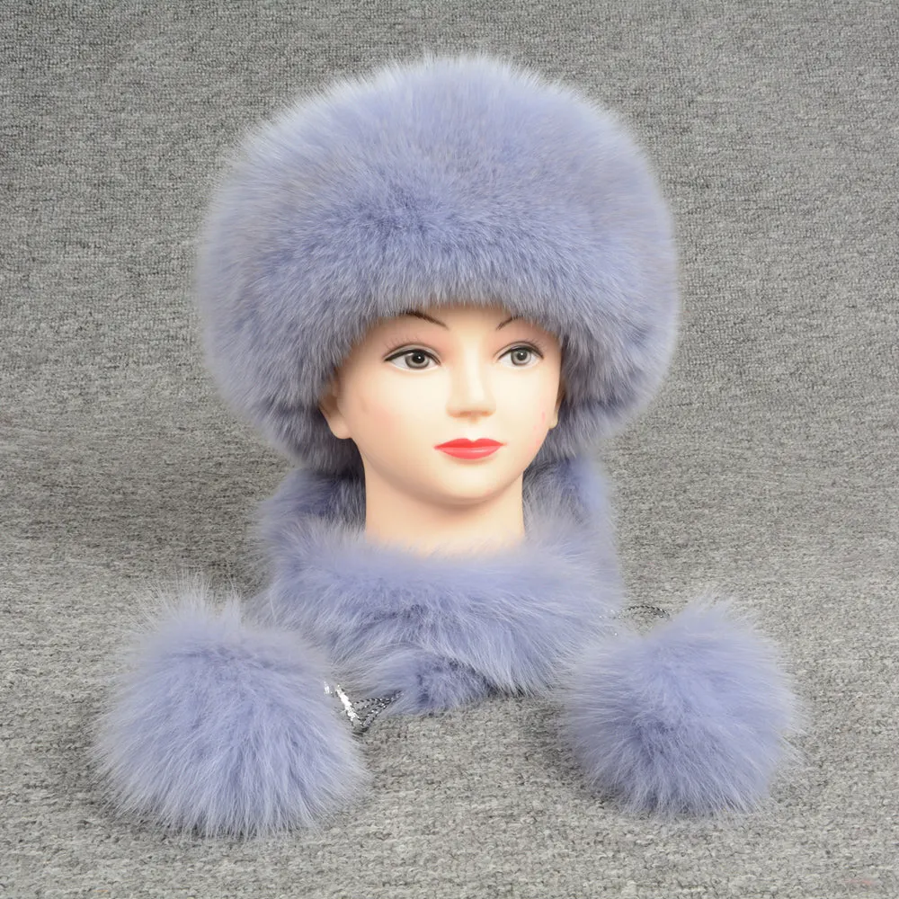 Real Rex Rabbit and Fox Fur Women Hats Pompom Fur Caps Scarf Light Purple
