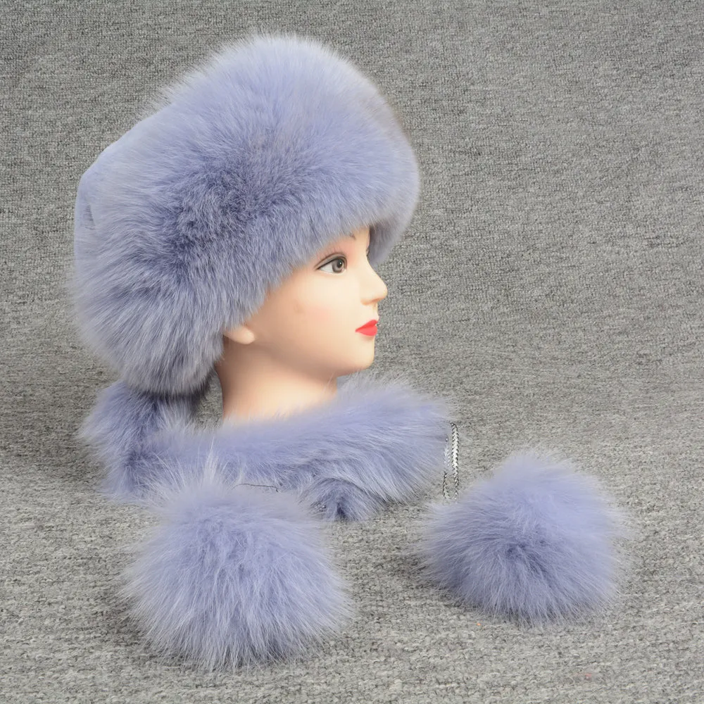 Real Rex Rabbit and Fox Fur Women Hats Pompom Fur Caps Scarf Light Purple