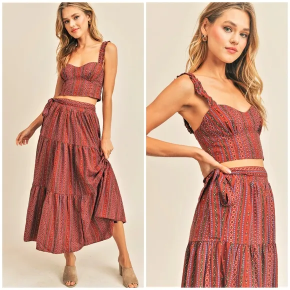 RESET by Jane Aspyn Boho Chic Rust 2-Piece Tiered Maxi Skirt Set