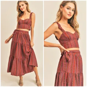 RESET by Jane Aspyn Boho Chic Rust 2-Piece Tiered Maxi Skirt Set