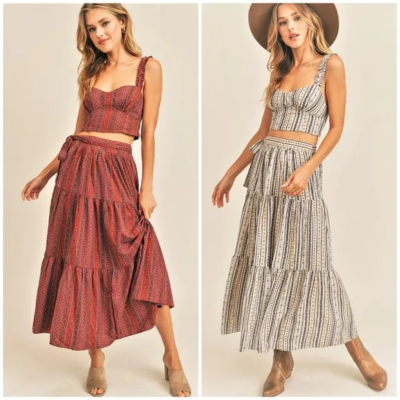 RESET by Jane Aspyn Boho Chic Rust 2-Piece Tiered Maxi Skirt Set