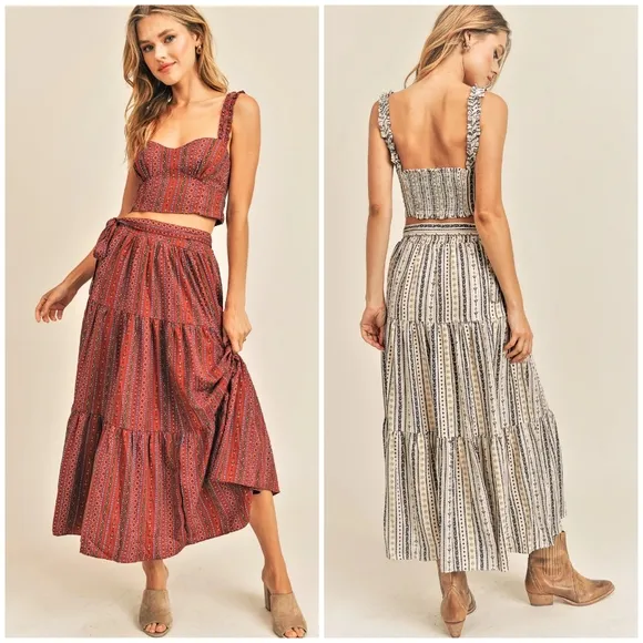 RESET by Jane Aspyn Boho Chic Rust 2-Piece Tiered Maxi Skirt Set