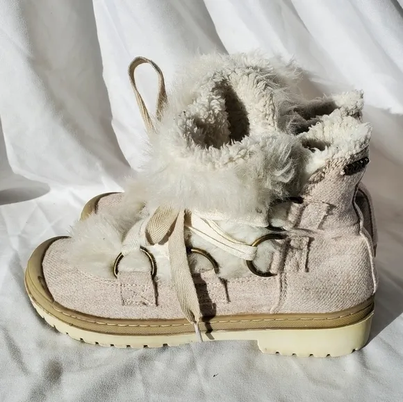 ROXY &quot;Zurich&quot; Wool Boots Women's Faux Fur Ankle Lace up fluffy Boots, size 7.5