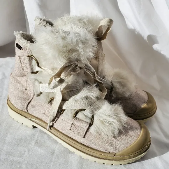 ROXY &quot;Zurich&quot; Wool Boots Women's Faux Fur Ankle Lace up fluffy Boots, size 7.5