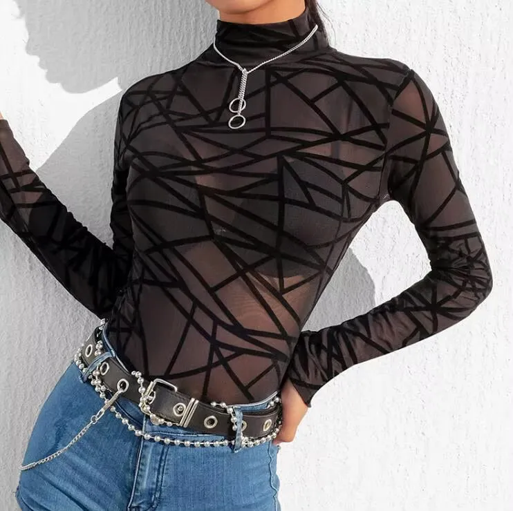 Sheer Mesh Long Sleeve Mock Neck Top – See-Through Slim Fit Tee for Women
