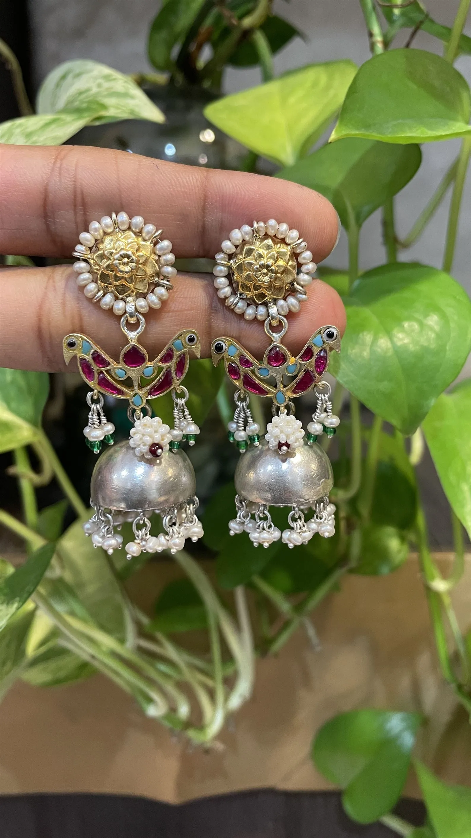 Sheetal Zaveri   I   Jodi Jhumkas (Pink Bird) Hancrafted Earrings, Natural pearls used.  SZ-E60b