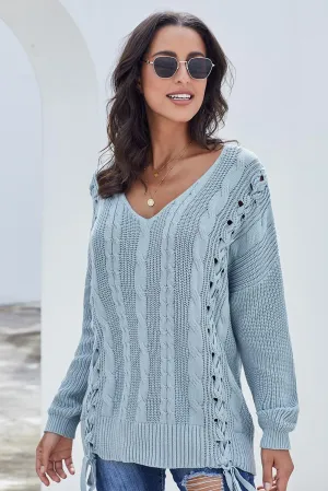 Sky Blue Love Letters Cable Knit Lace Up Sweater