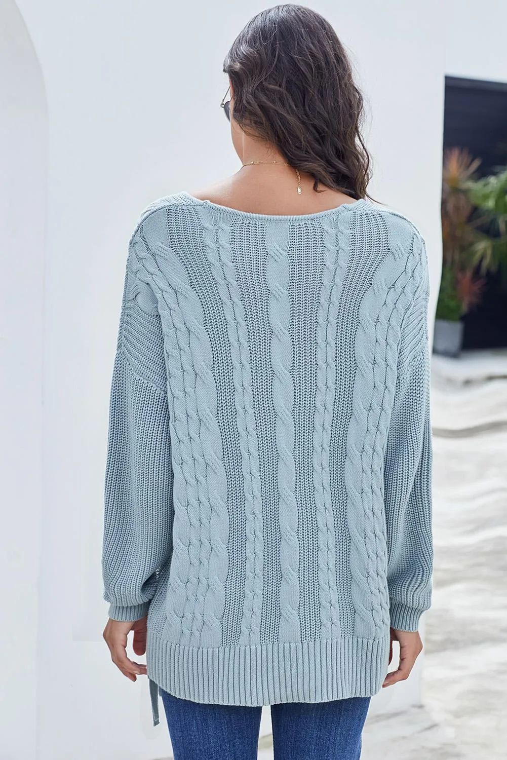 Sky Blue Love Letters Cable Knit Lace Up Sweater