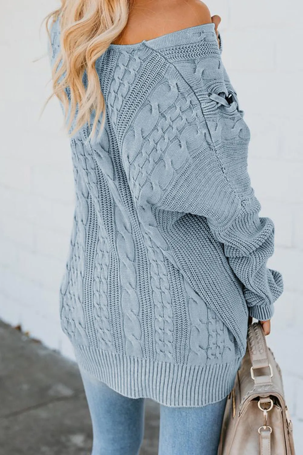 Sky Blue Love Letters Cable Knit Lace Up Sweater