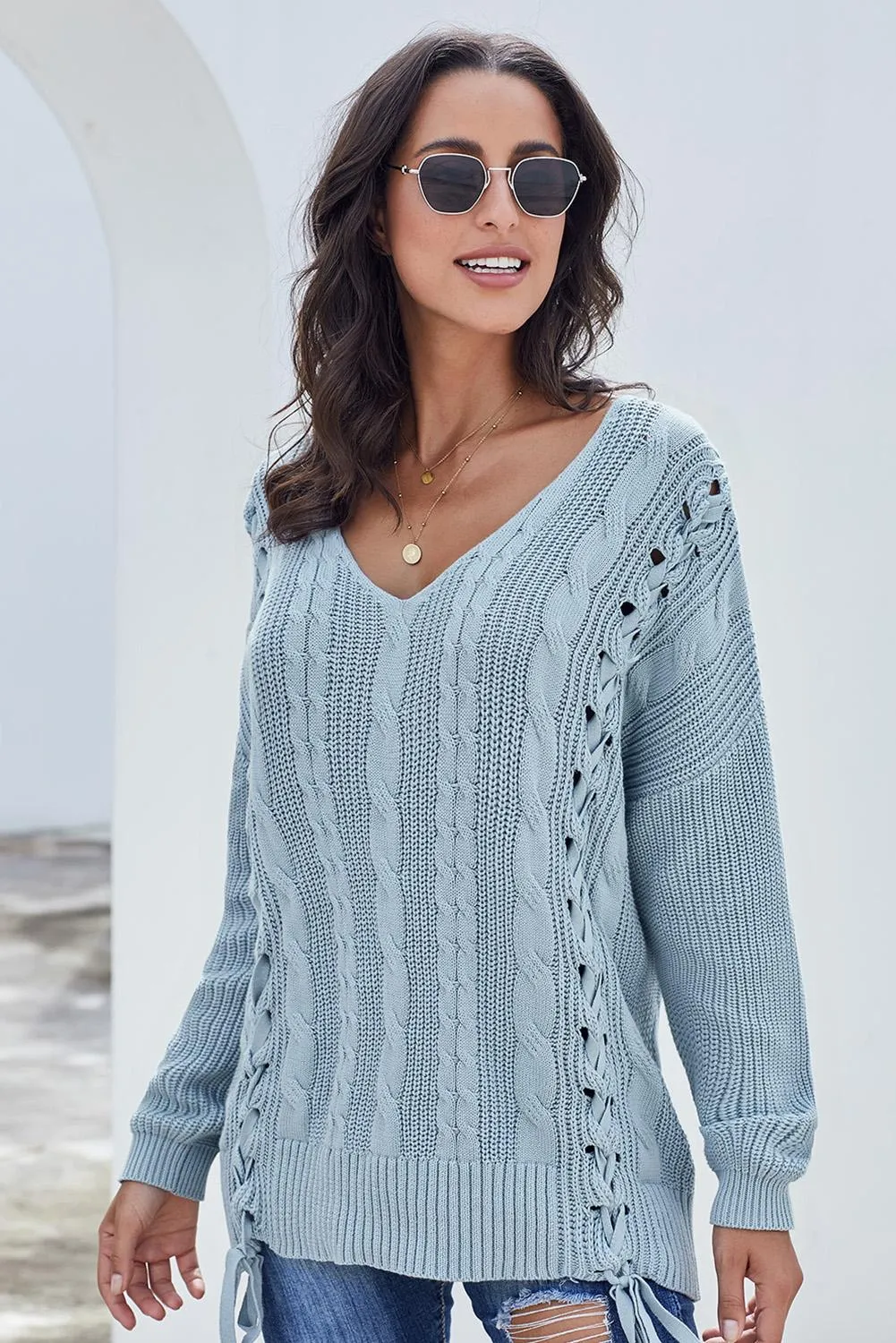Sky Blue Love Letters Cable Knit Lace Up Sweater