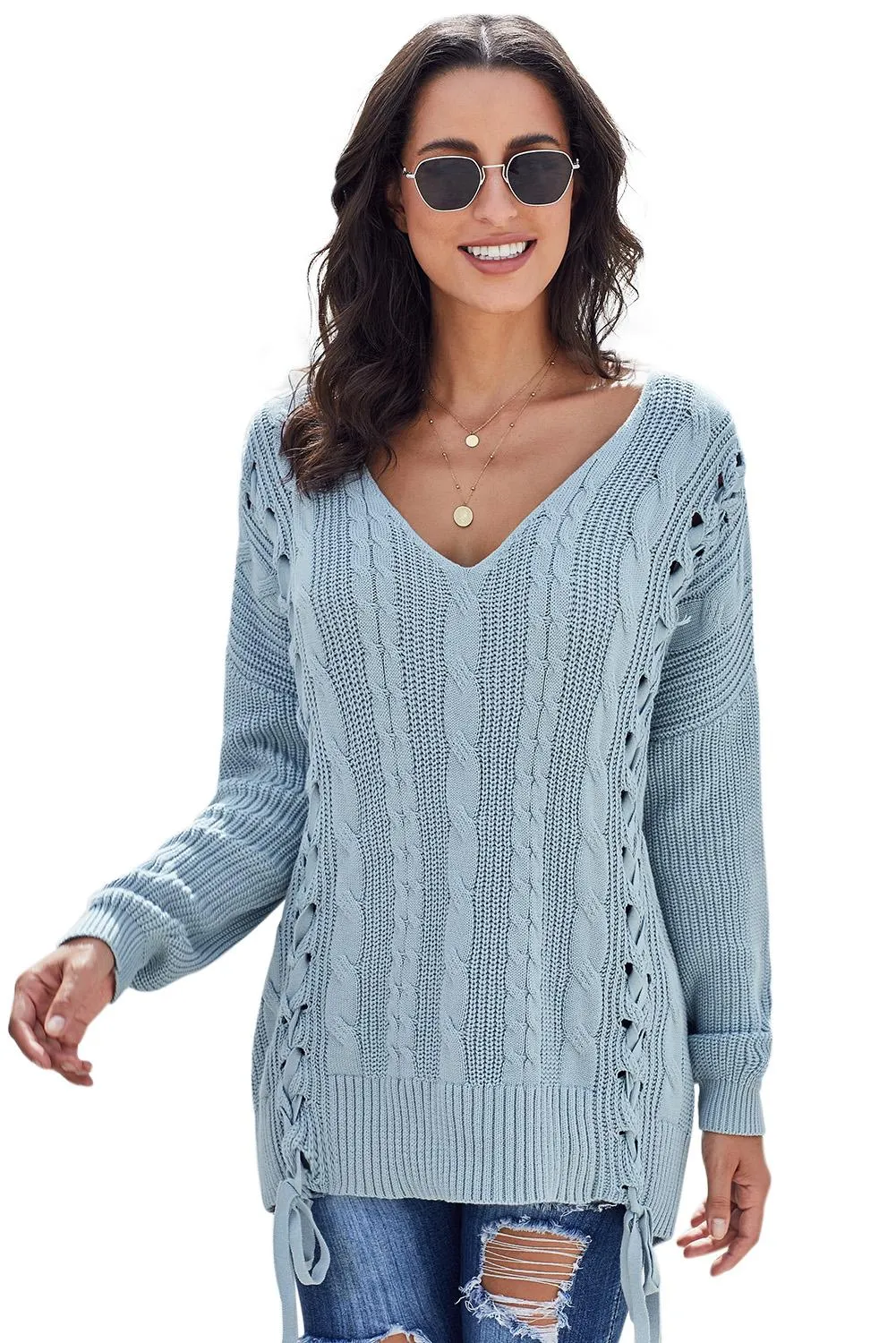 Sky Blue Love Letters Cable Knit Lace Up Sweater