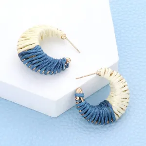 Small Blue/White Raffia Wrapped Fun Fashion Earrings | Small Headshot Earrings | 597624