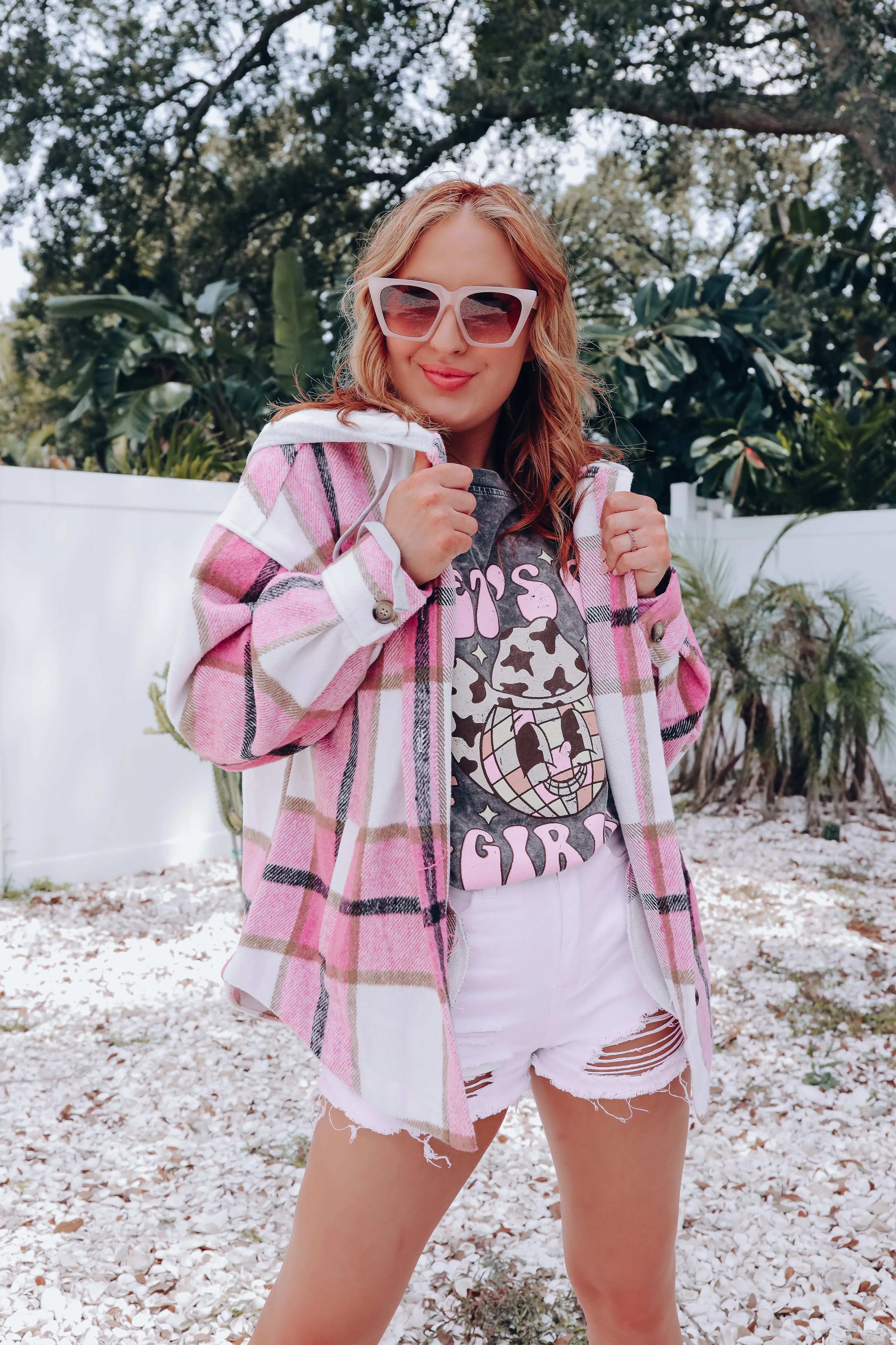 Street Style Plaid Hooded Jacket - Pink