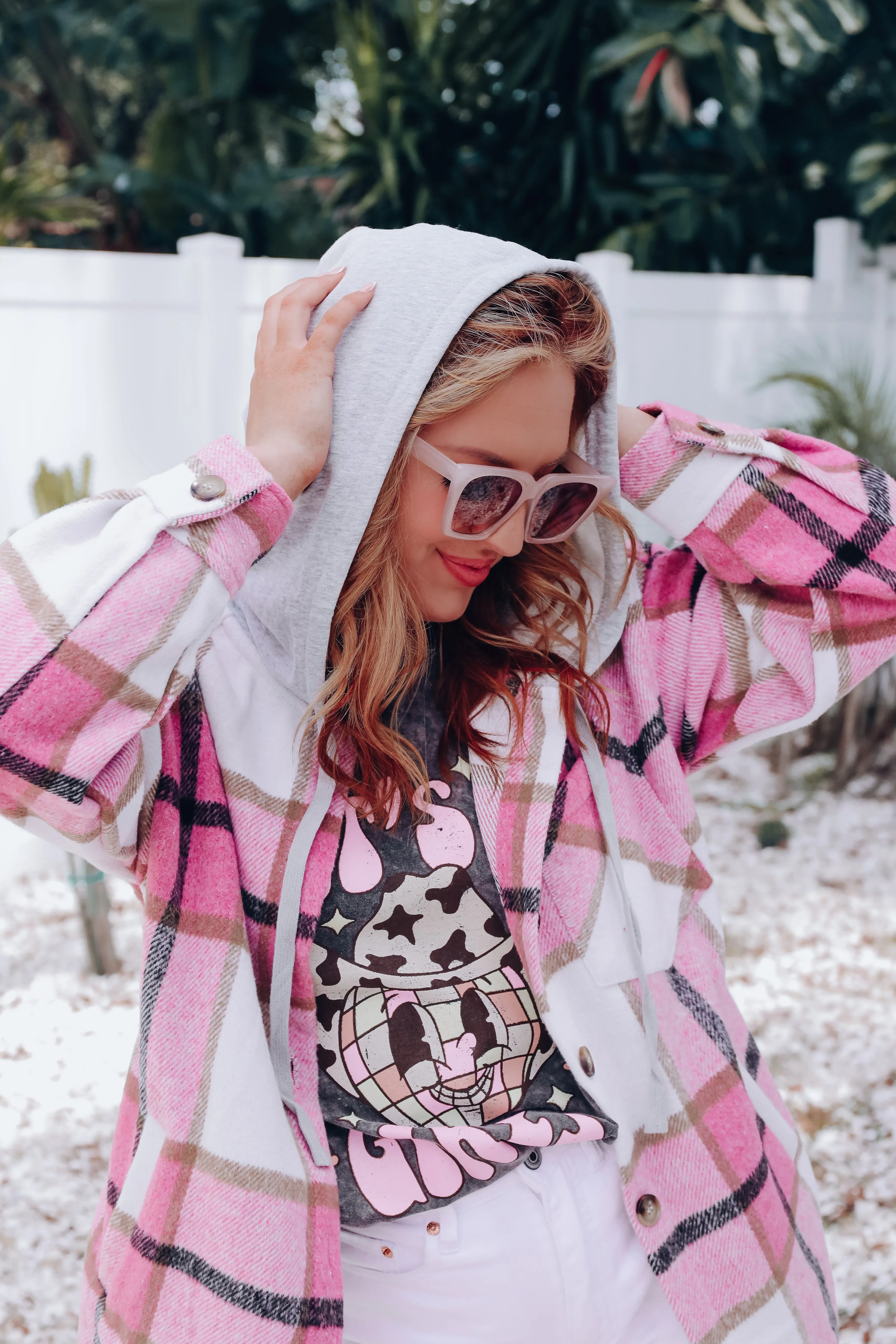 Street Style Plaid Hooded Jacket - Pink