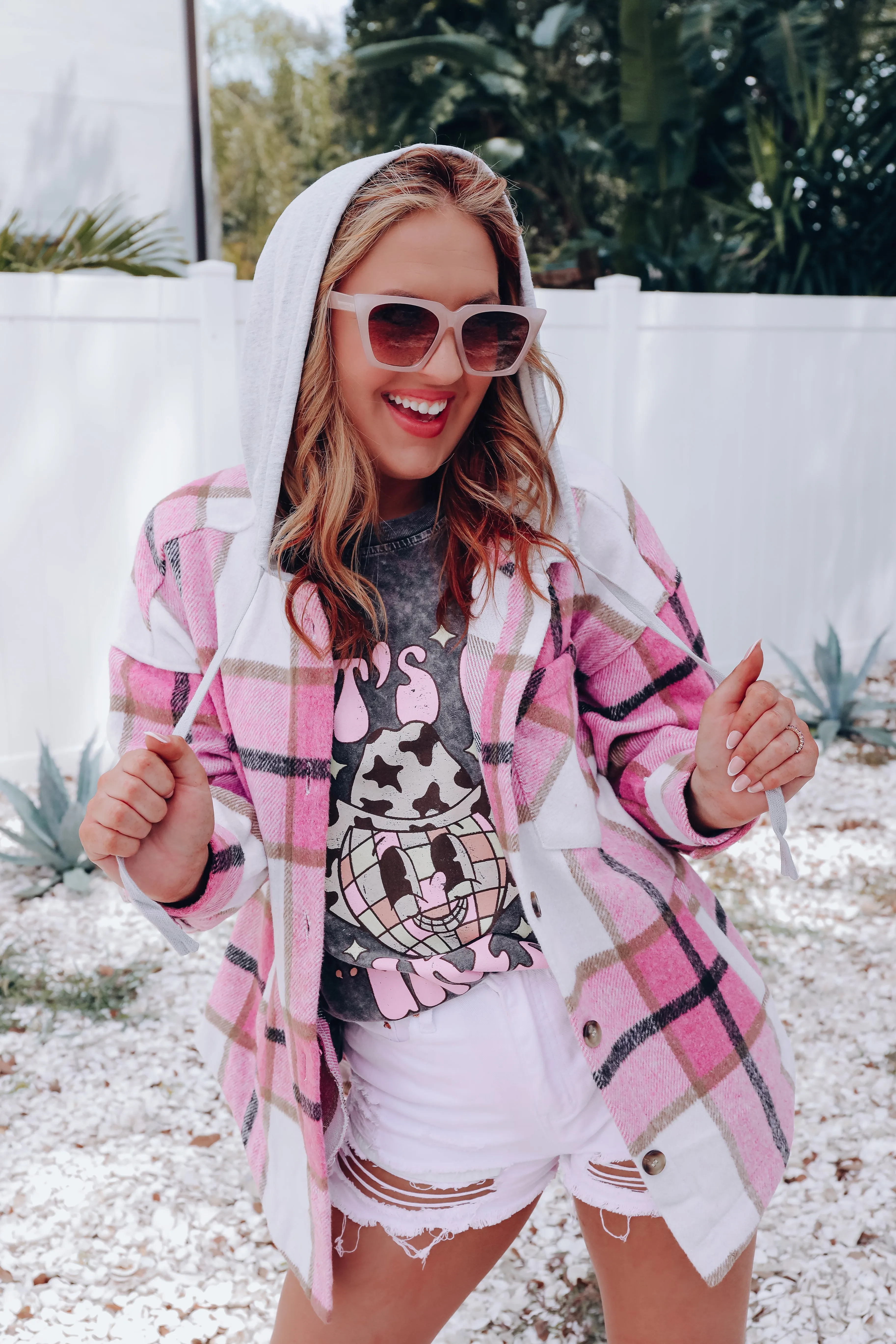 Street Style Plaid Hooded Jacket - Pink