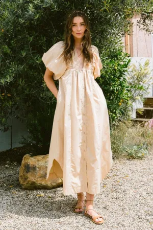 Tan Smocked Puff Sleeve Midi Dress