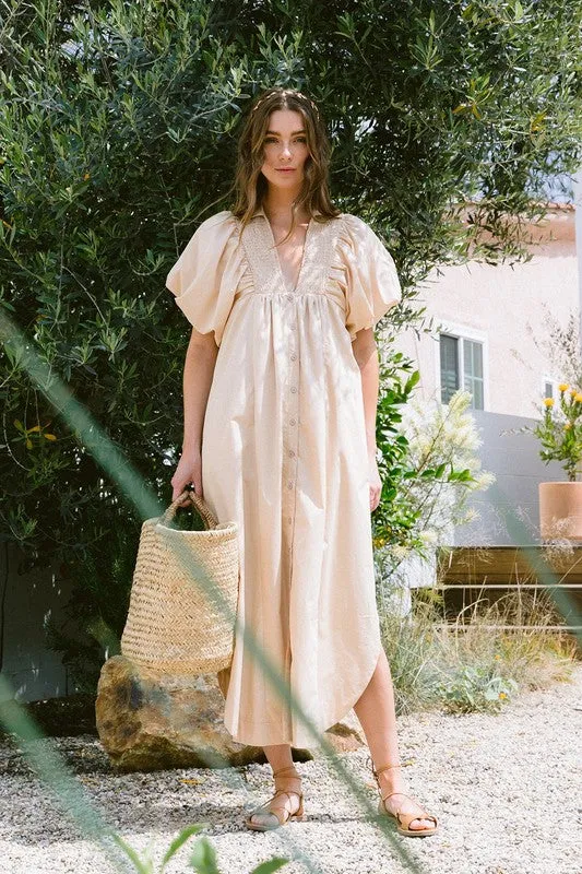 Tan Smocked Puff Sleeve Midi Dress
