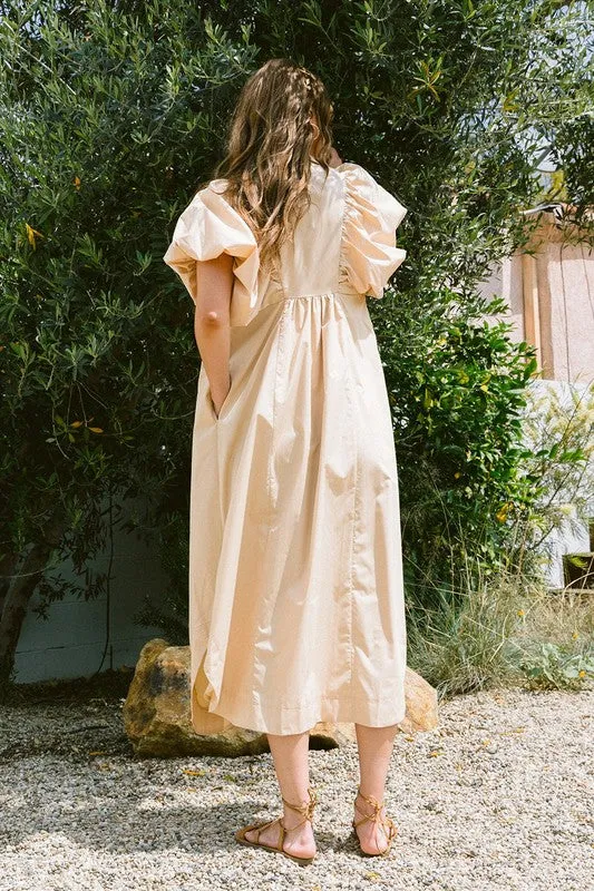 Tan Smocked Puff Sleeve Midi Dress