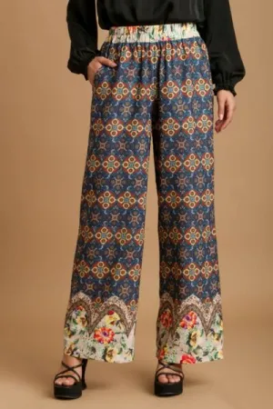 Teal Mixed Print Elastic Waistband Pants