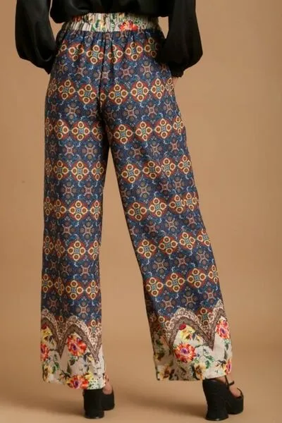 Teal Mixed Print Elastic Waistband Pants
