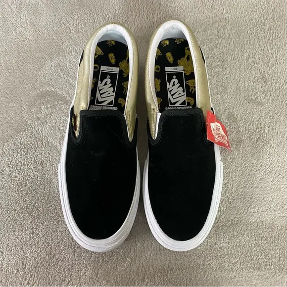 Vans X Shake Junt Mens Slip On Sneaker Skate Shoes Size 10 Black Gold Suede NEW