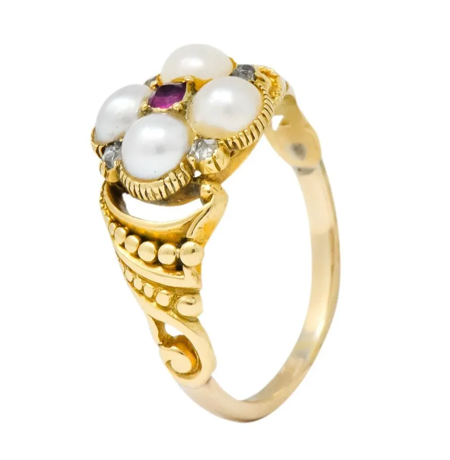 Victorian Pearl Ruby Diamond 14 Karat Gold Ring