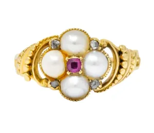 Victorian Pearl Ruby Diamond 14 Karat Gold Ring