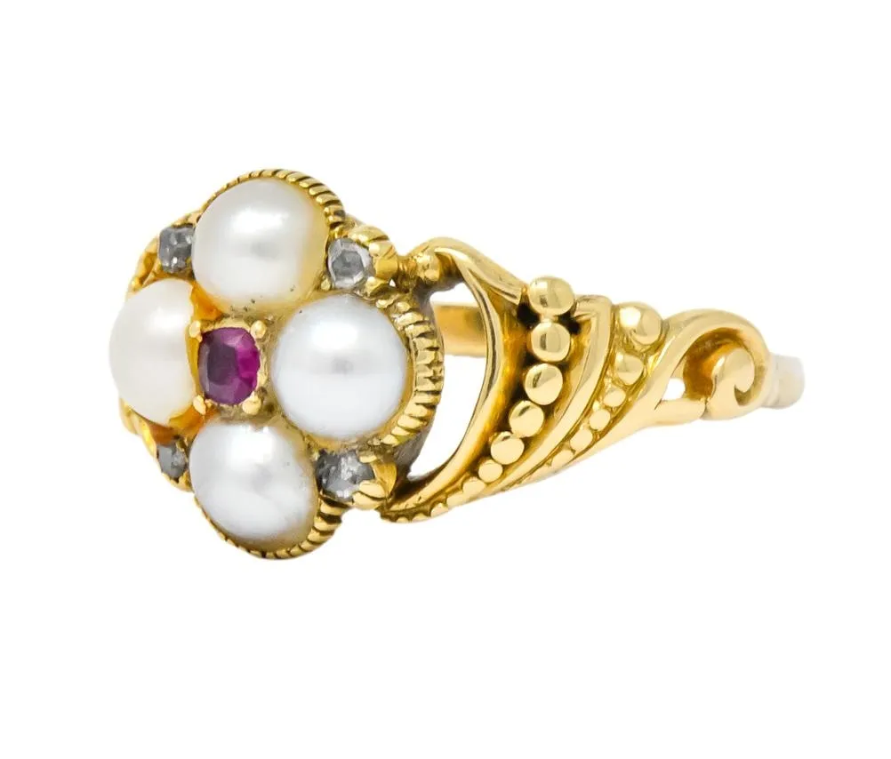 Victorian Pearl Ruby Diamond 14 Karat Gold Ring