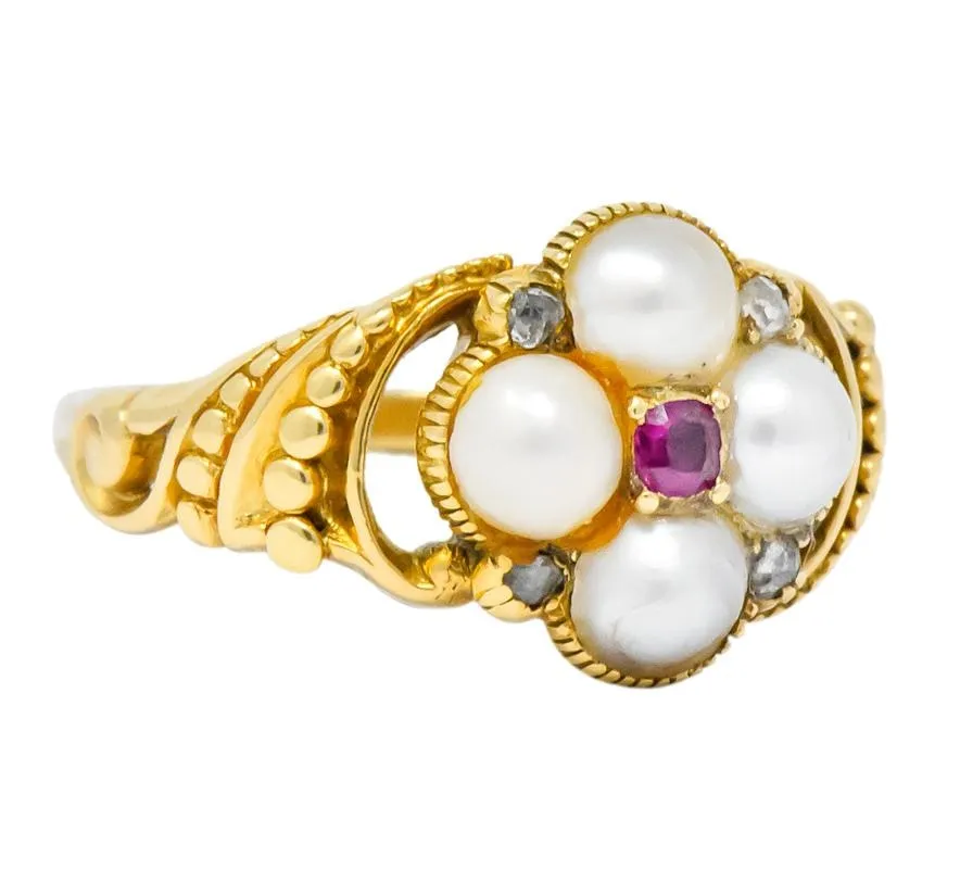 Victorian Pearl Ruby Diamond 14 Karat Gold Ring