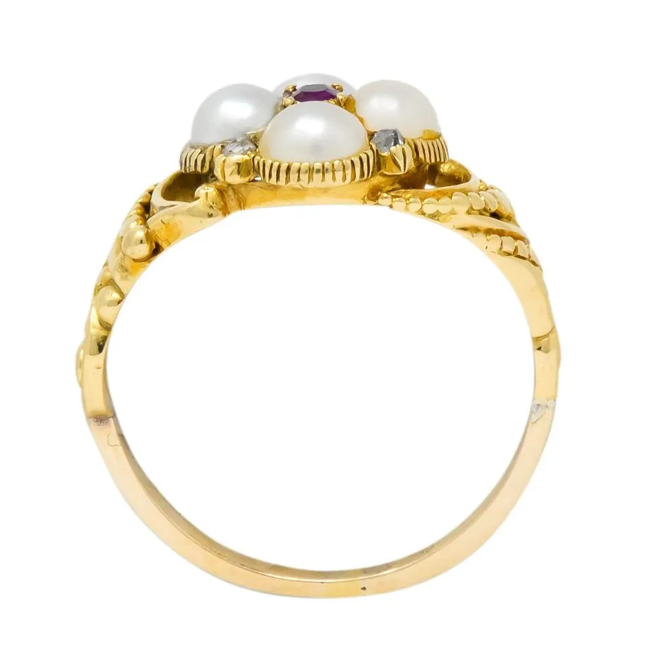 Victorian Pearl Ruby Diamond 14 Karat Gold Ring