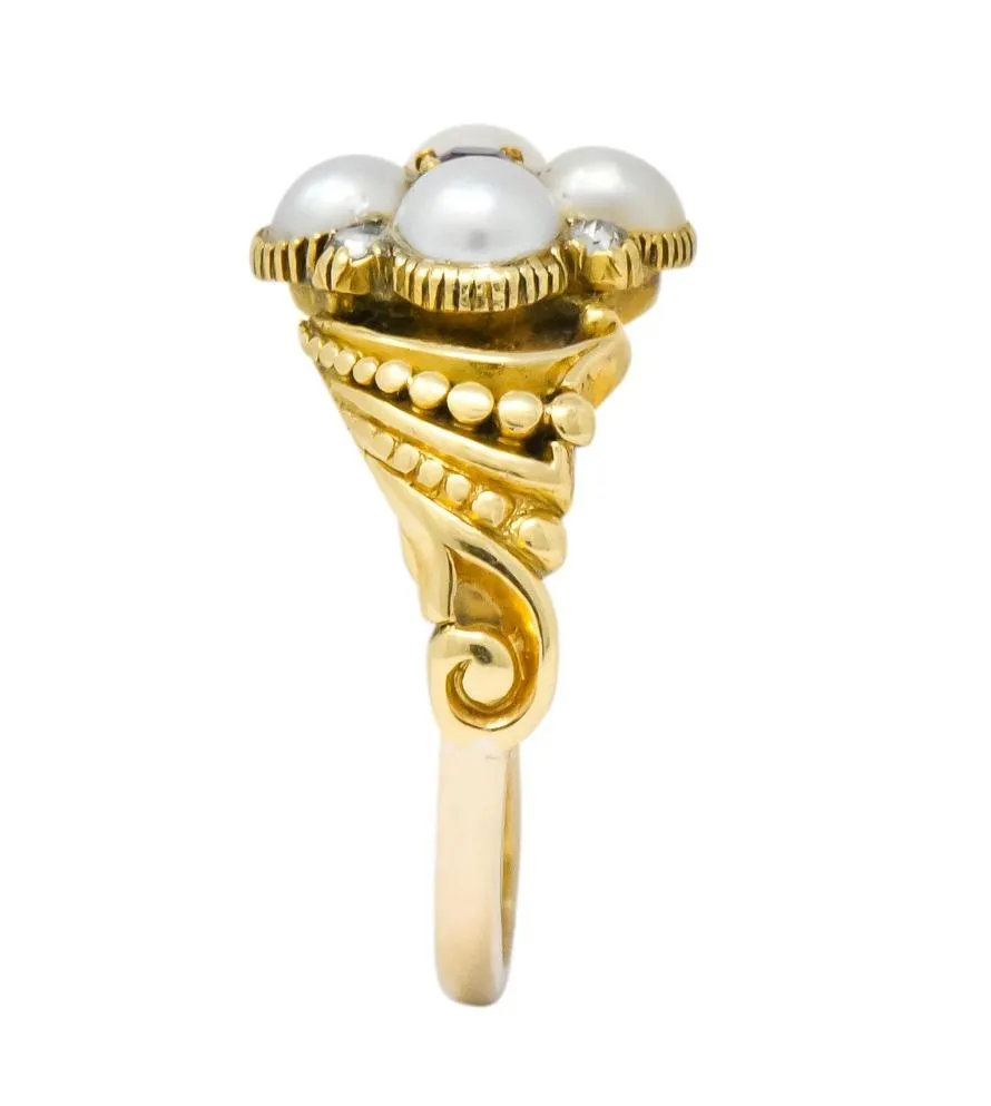 Victorian Pearl Ruby Diamond 14 Karat Gold Ring
