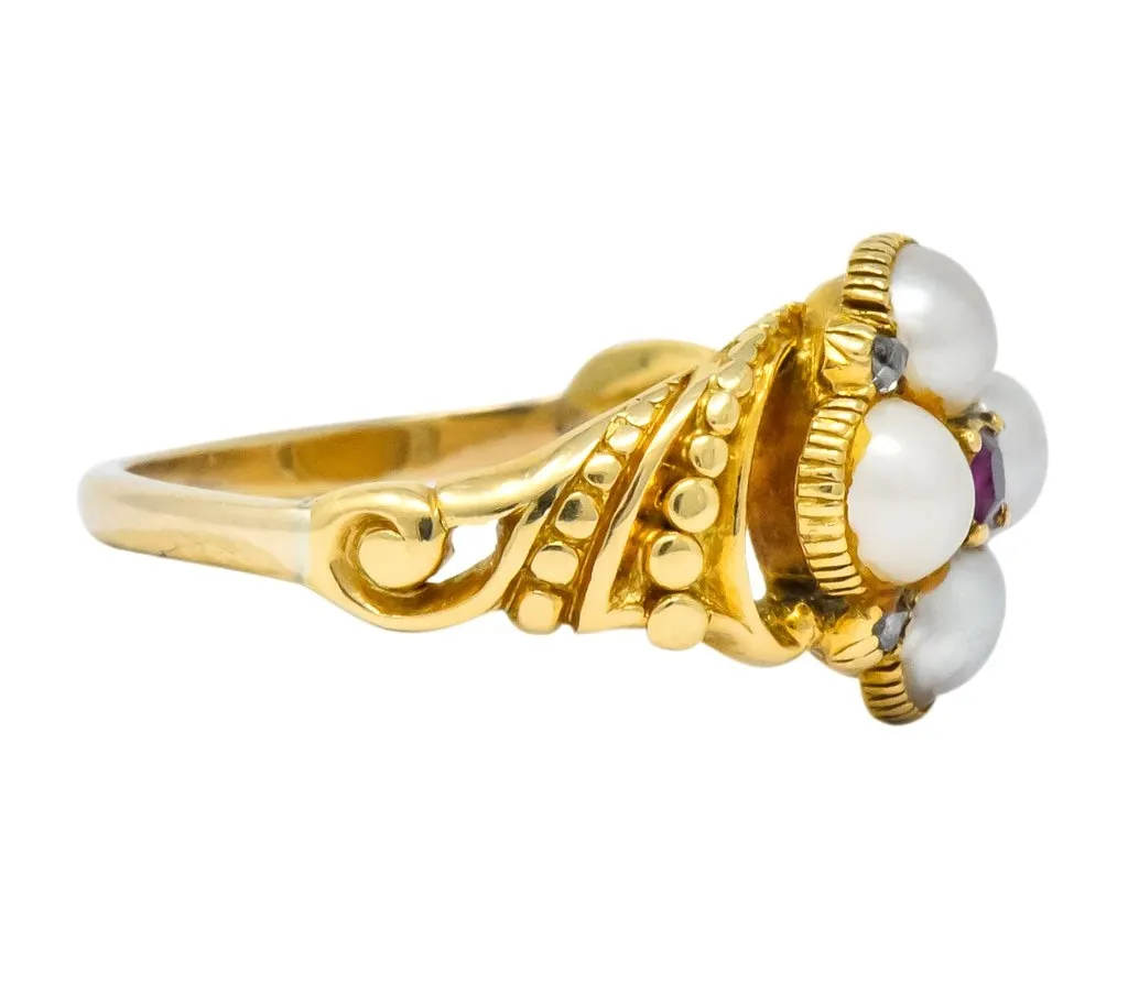 Victorian Pearl Ruby Diamond 14 Karat Gold Ring