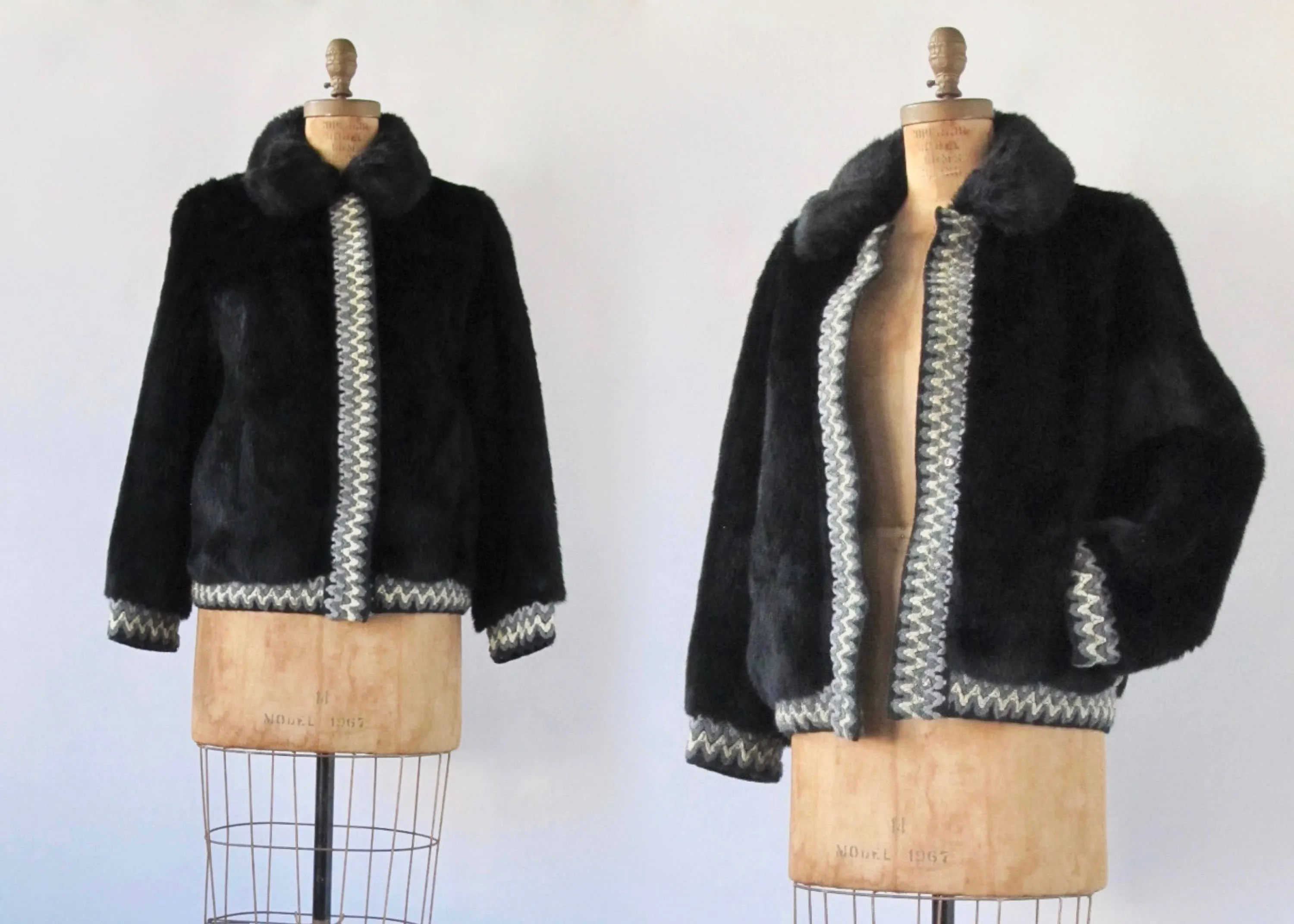 Vintage 60s Lilli Ann Jacket | 1960s Black Faux Fur Coat with Woven Trim | Designer, Glam, Mod, Mad Men | Size Medium
