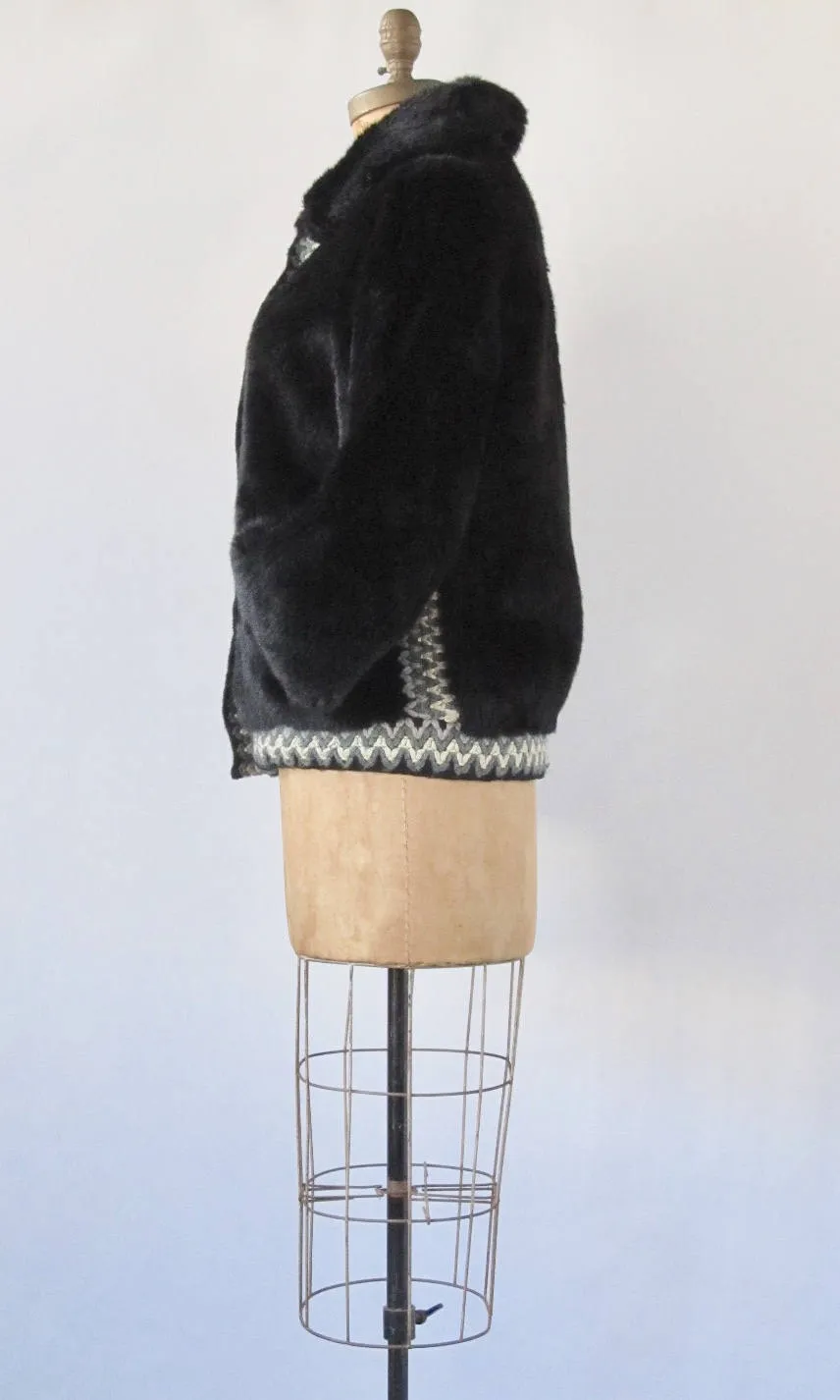 Vintage 60s Lilli Ann Jacket | 1960s Black Faux Fur Coat with Woven Trim | Designer, Glam, Mod, Mad Men | Size Medium