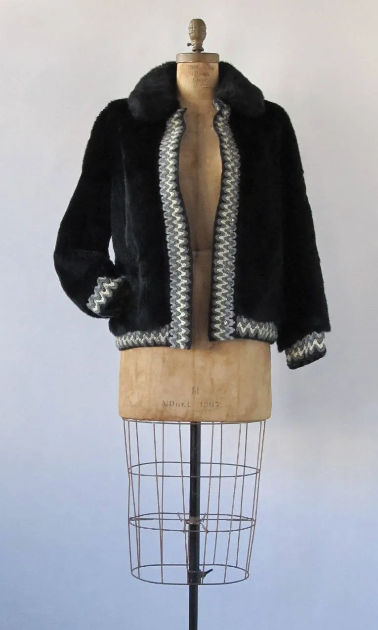 Vintage 60s Lilli Ann Jacket | 1960s Black Faux Fur Coat with Woven Trim | Designer, Glam, Mod, Mad Men | Size Medium